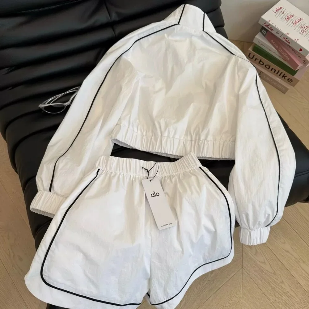 Auth Alo Yoga Set Motivate Full-Zip Track Jacket And Motivate Track Short White
